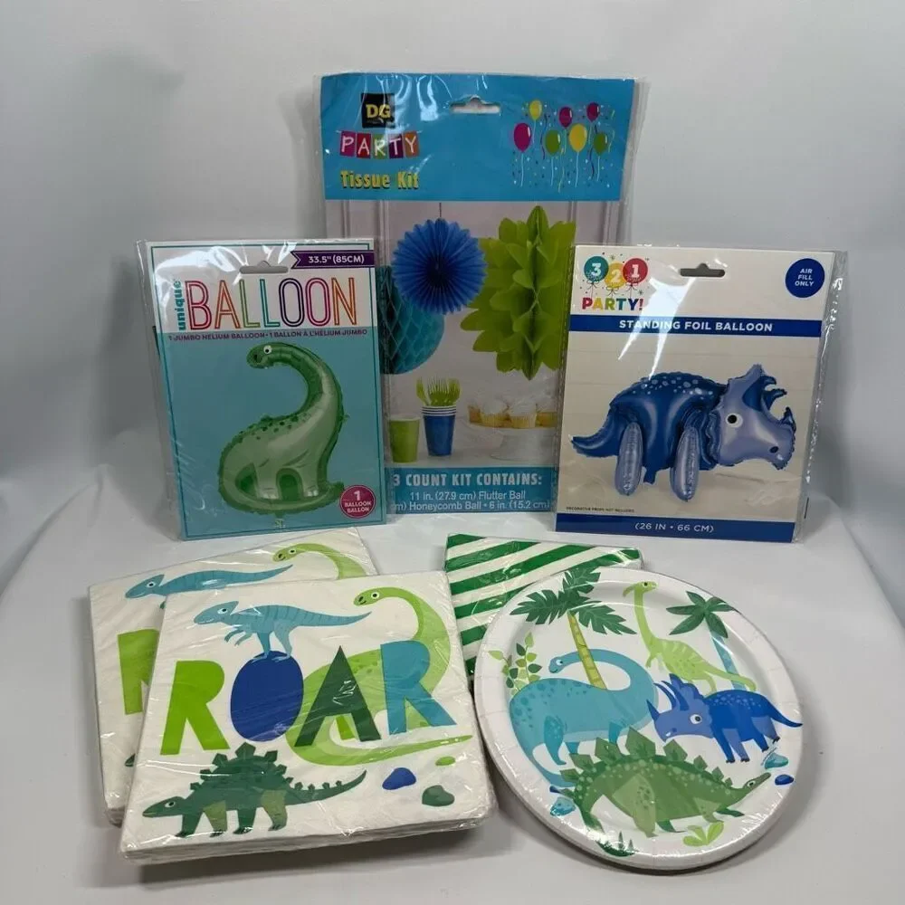 D26 Party Decorations- 7 piece ROAR dinosaur party decor, plates, napkins and D